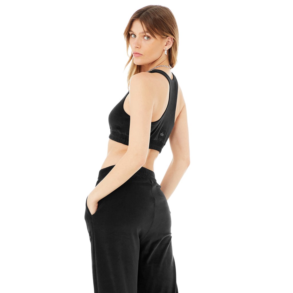 Sujetadores Deportivos Alo Yoga Velour Glimmer Scoop Neck Mujer Negros | WVJF25046