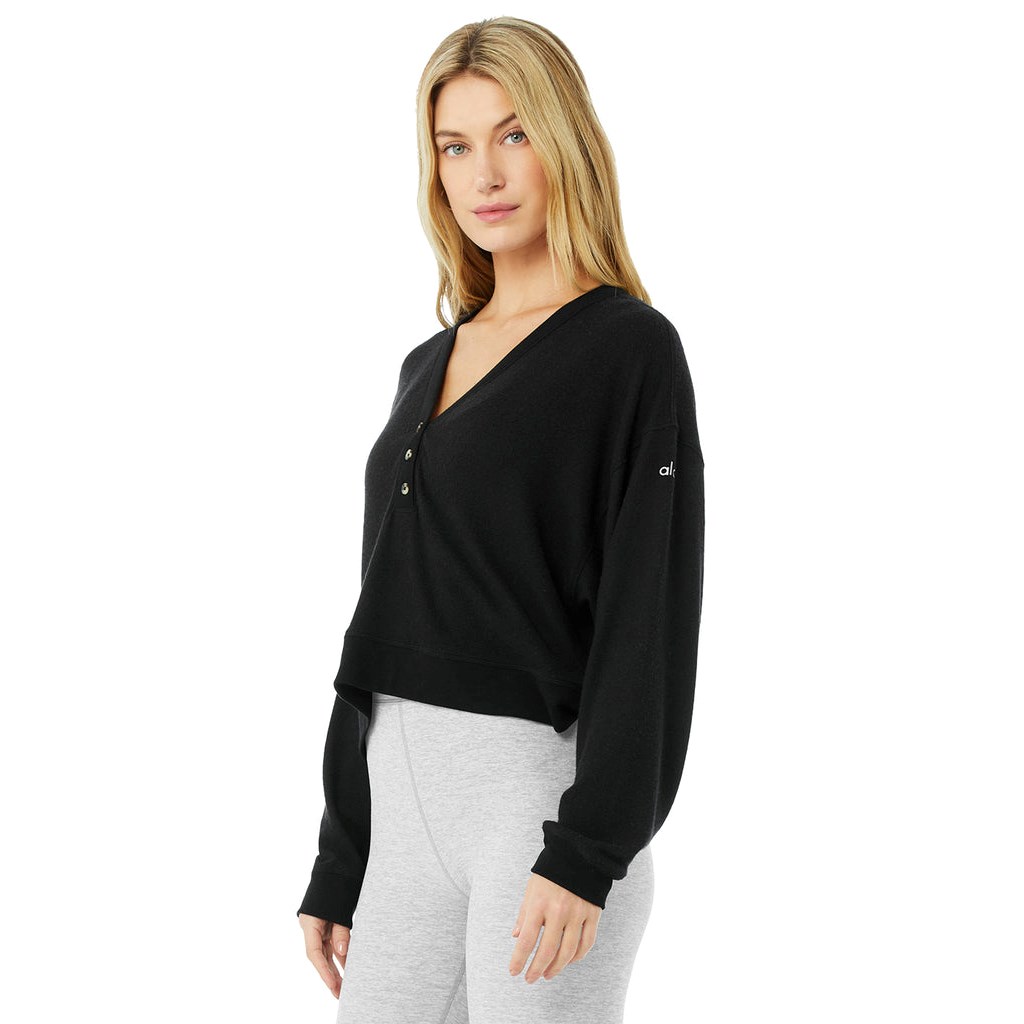 Sweatshirt Alo Yoga Alolux Soho Crop Henley Mujer Negros | MFBZ58296