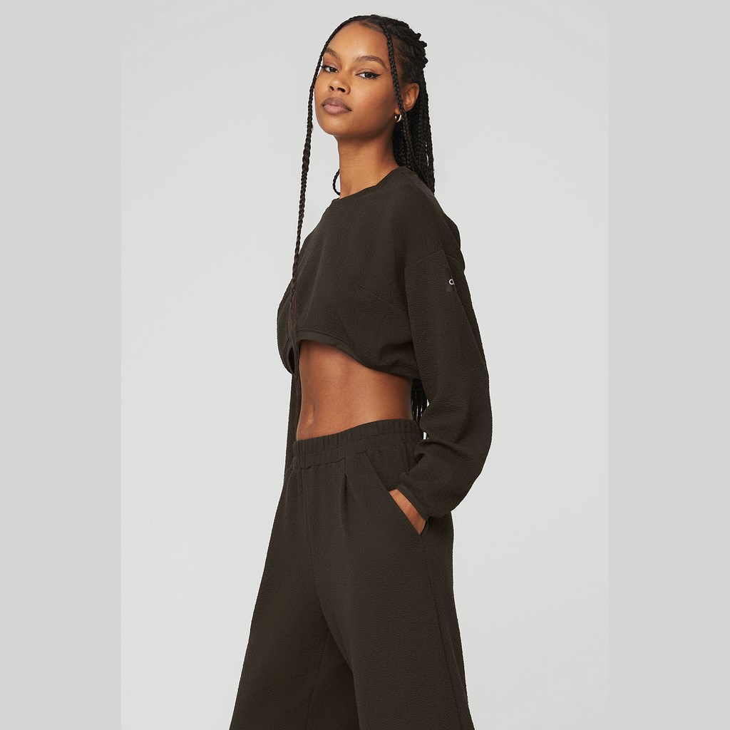 Sweatshirt Alo Yoga Cropped Tailored Crew Neck Mujer Marrom | SGQF81670