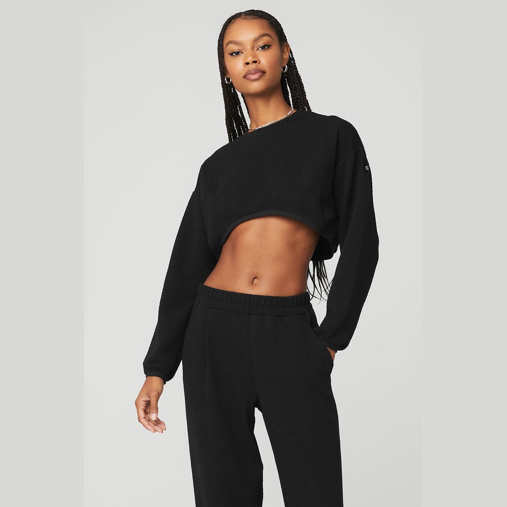 Sweatshirt Alo Yoga Cropped Tailored Crew Neck Mujer Negros | VLJU32678