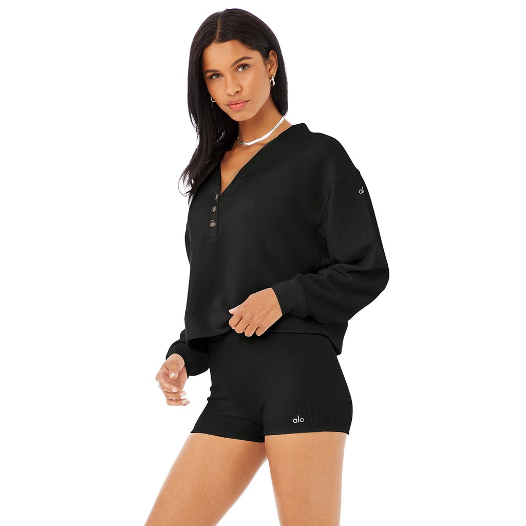 Sweatshirt Alo Yoga Micro Waffle Pleasant Cropped Henley Mujer Negros | ETJI21794