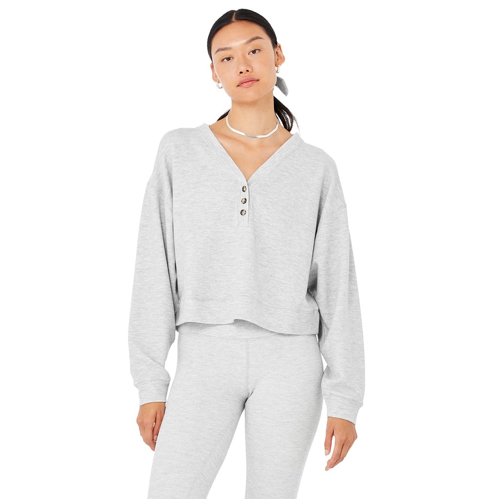 Sweatshirt Alo Yoga Micro Waffle Pleasant Cropped Henley Mujer Grises | SICP69728