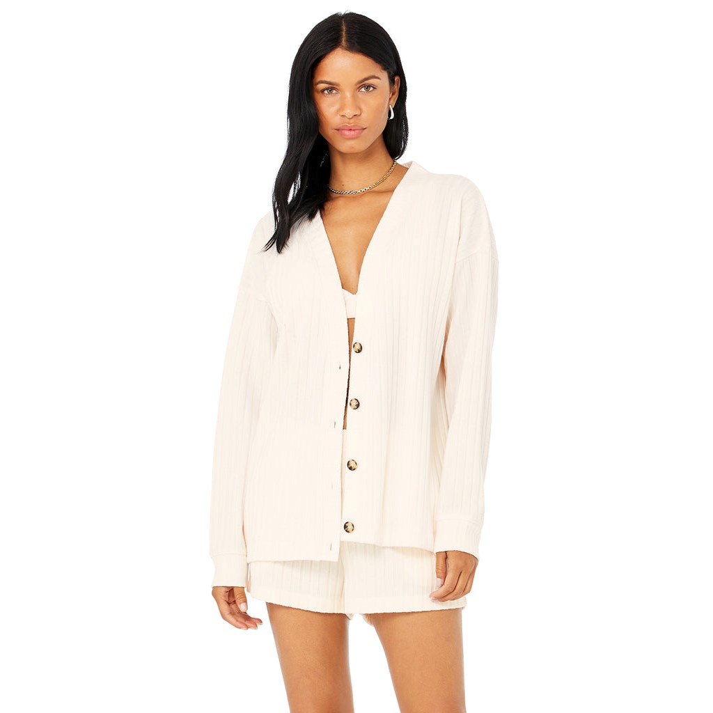 Sweatshirt Alo Yoga Ribbed Take Comodidad Cardigan Mujer Blancos | SPKT57196